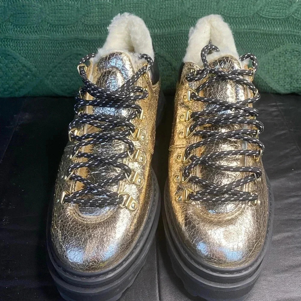 Schutz Lucille Metallic‎ Platform Faux Shearling Lined boot NWOT US 7.5B gold - Picture 7 of 10